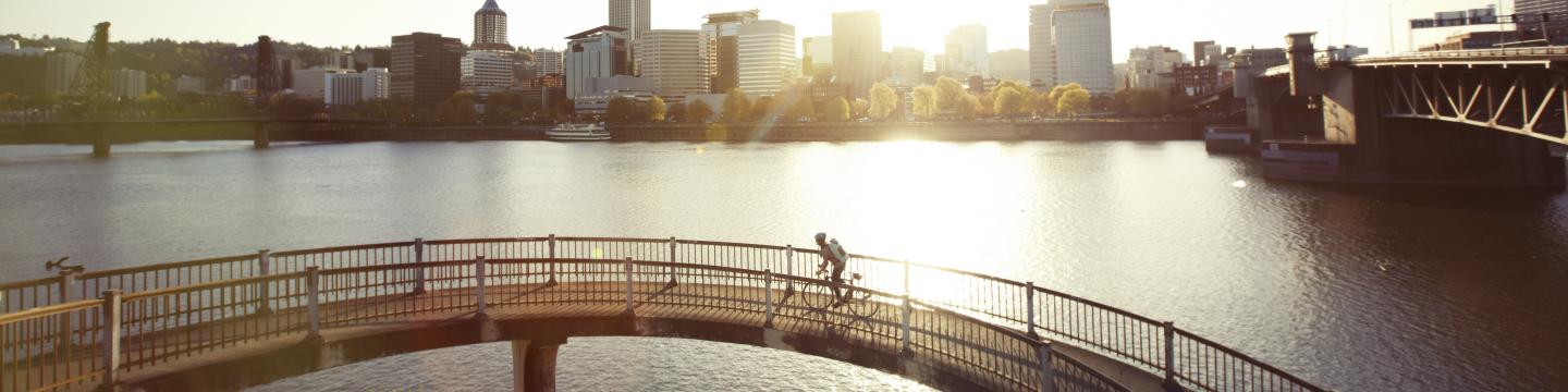 City in the background and a man bicycling on a bridge