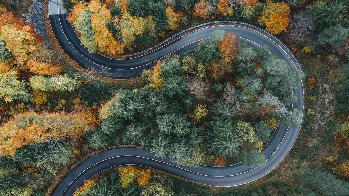 drone footage from above of curvy road among colorful trees