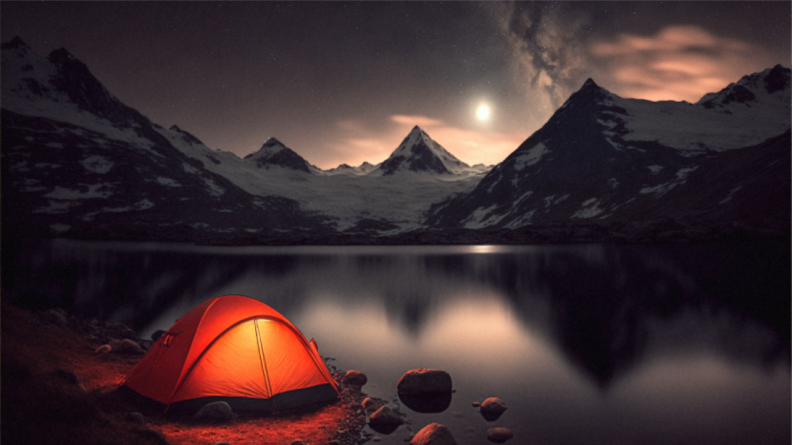 An orange tent next to a lake by high mountains 
