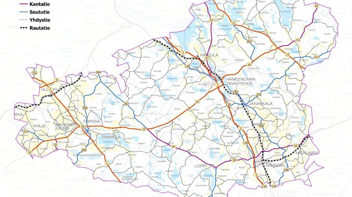 kartta tarkastelualueen tie- ja rataverkosta 
