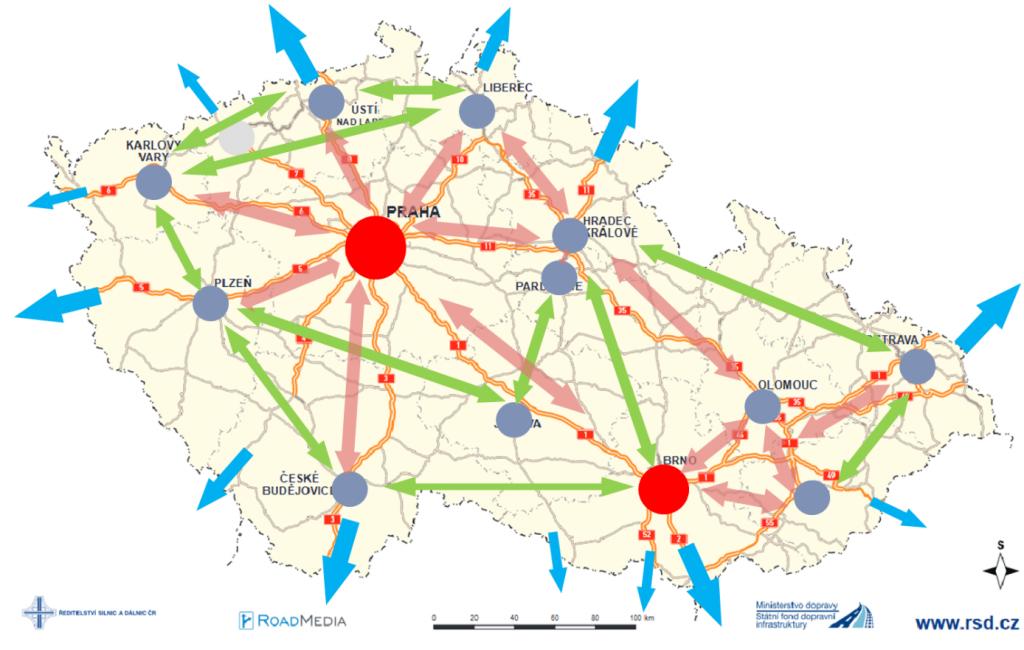 Map of Czech Republic with arrows showing important connections between cities