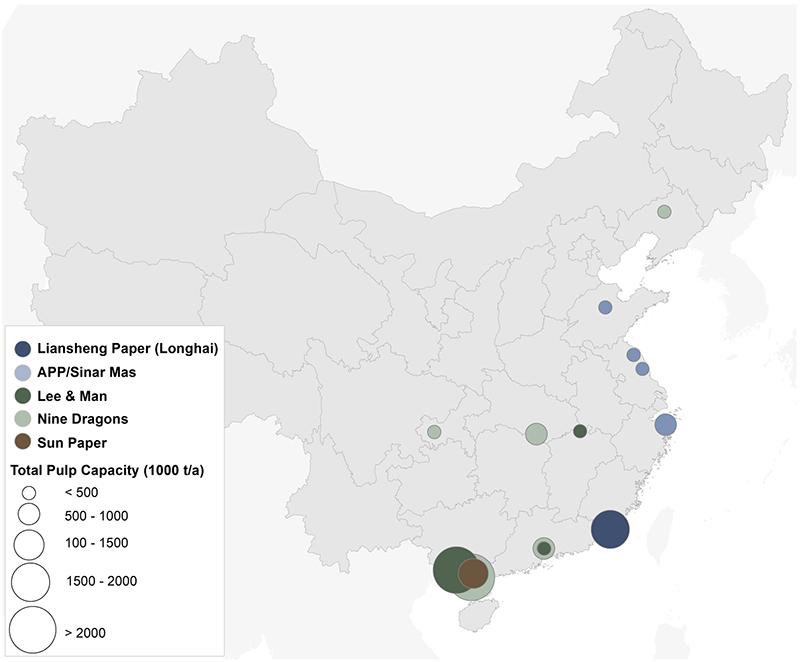 Largest Chinese paper producers' pulp capacity
