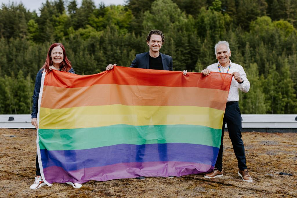 AFRY's Sofia Klingberg, Jonas Gustavsson & Amir Nazari holding a Pride flag