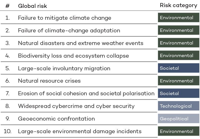 Table of global long-term risks and their categories