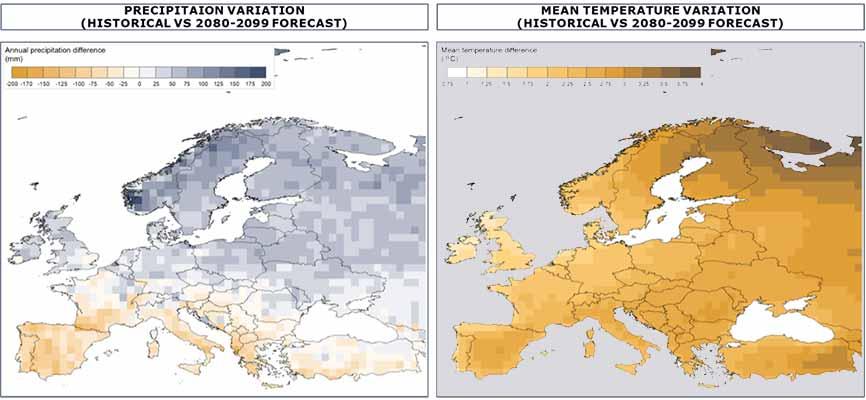 Precipitation and mean temperature variation (historical vs 2000-2009 forecast)