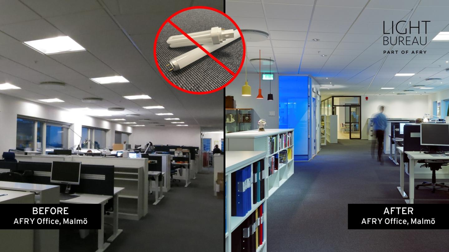 Before and after picture of AFRY office in Malmö, replacing the light bulbs that contain mercury