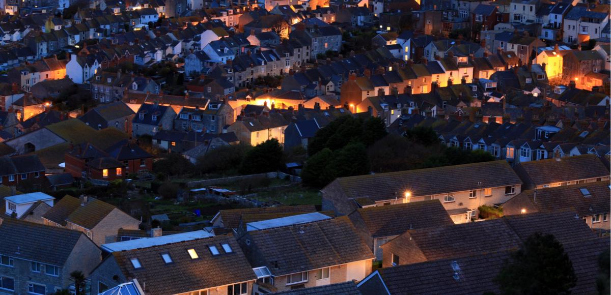 Terraced houses at night time on Portland in Dorset