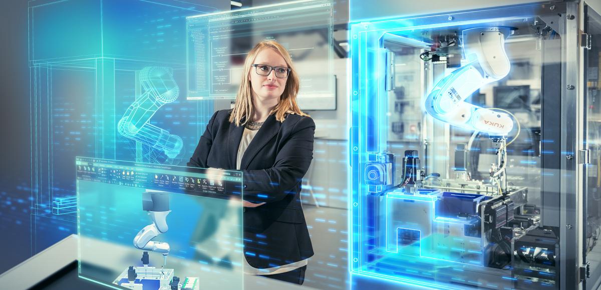 Woman in a manufacturing plant with virtual objects