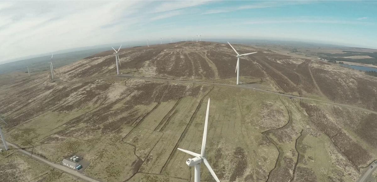 View from drone looking over wind farm in Northern Ireland