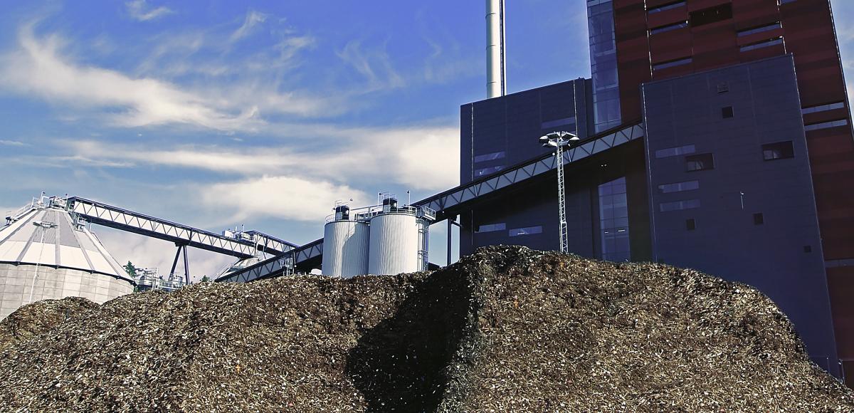 Wood chip pile in front of power plant