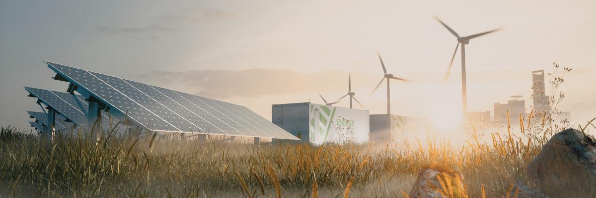 Grain field with solar panels, wind turbines and battery storage unit.