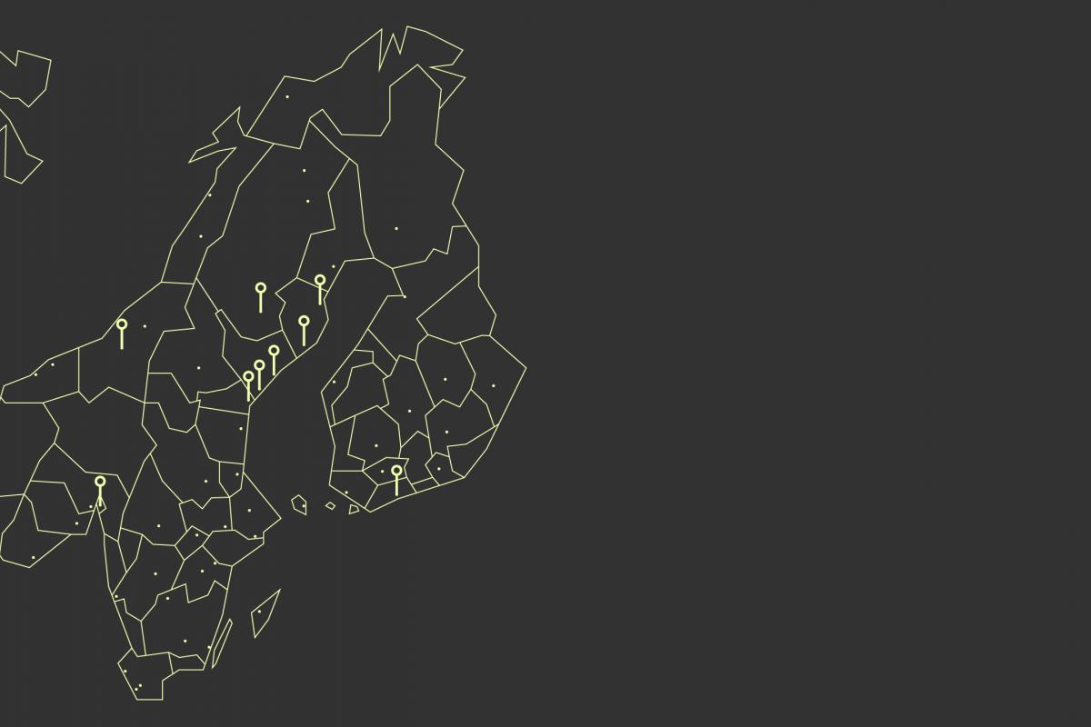 Map of Finland, Norway and Sweden in yellow outline with grey background