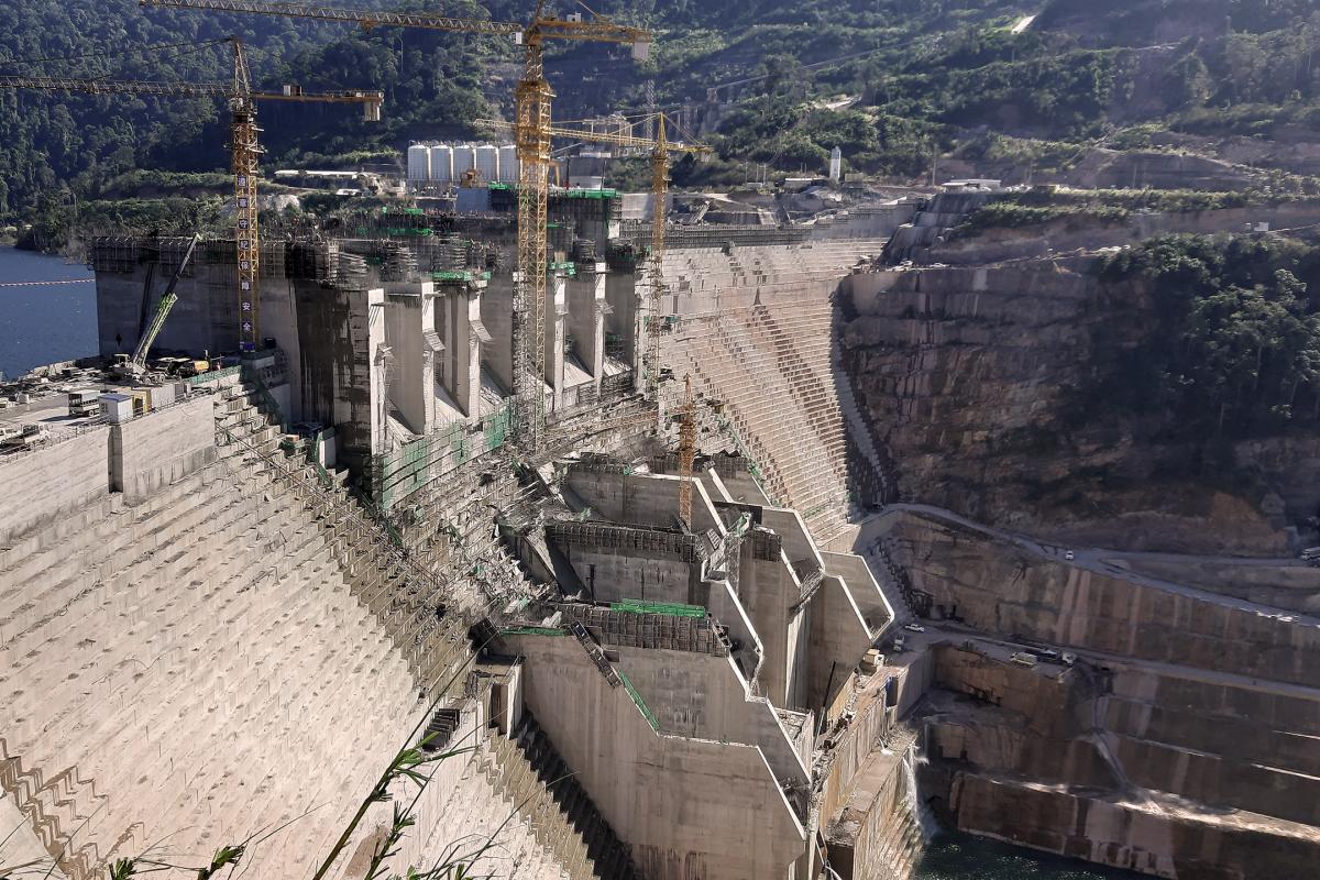 Close up side view of Nam Theun 1 RCC dam under construction