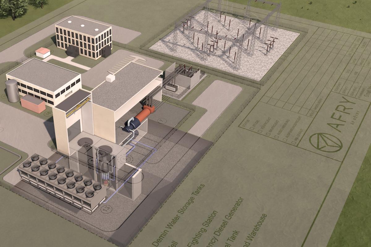 3D visualisation of generic small modular reactor overlaid by a technical drawing