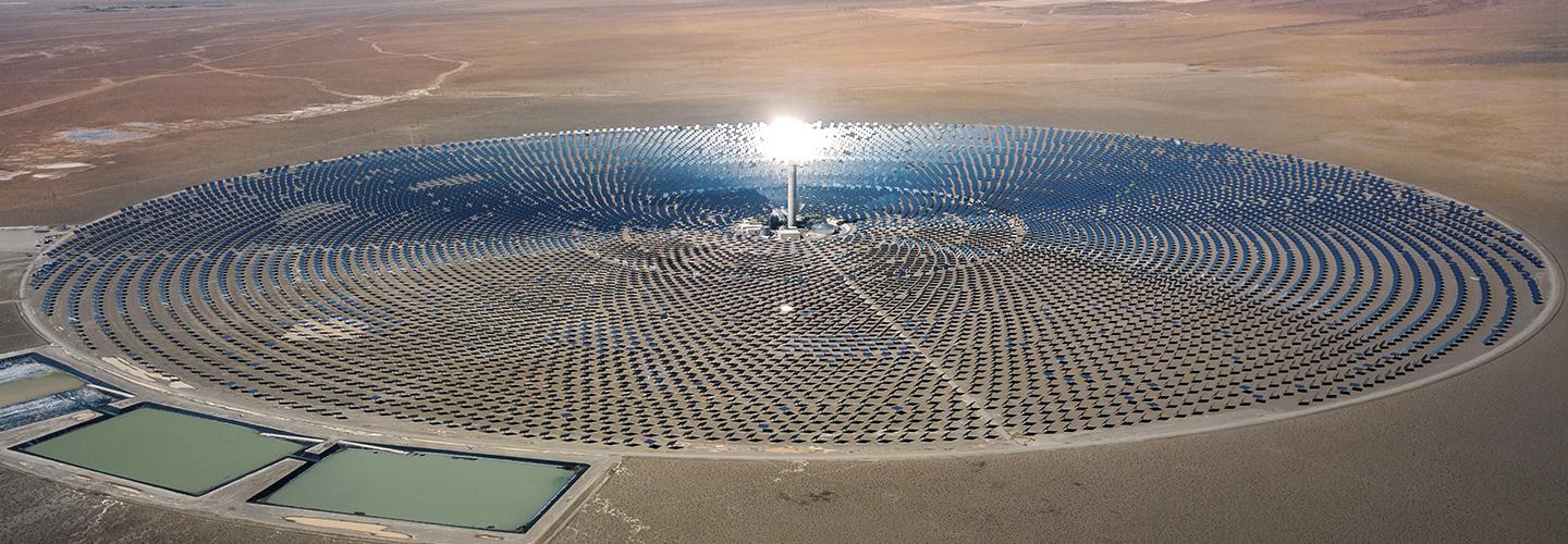 Aerial view of CSP Tower and circular solar collector array