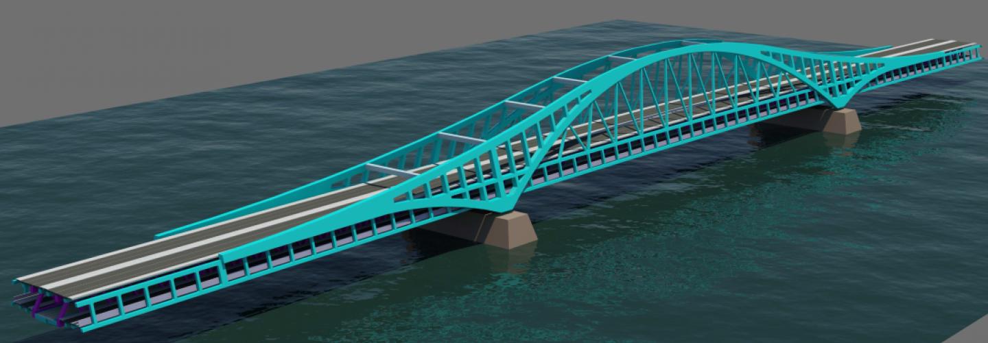 Fotorealistische Visualisierung des Hauptbogens der östlich geplanten Brücke als Ersatz des Bestandsbauwerks