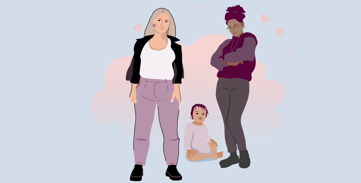 illustration av två kvinnor och deras ettåriga barn