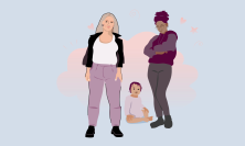 illustration av två kvinnor och deras ettåriga barn