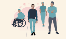 Illustreration av 4 män, en i rullstol, en med blindkäpp och två ytterligare män. 