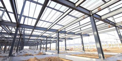Steel frame structure in a construction site