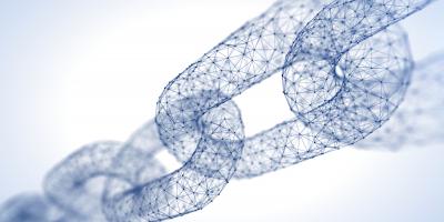 Illustration of chain links, each made of hundreds of digital connections