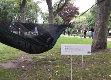 A hammock hung between trees in a park with a white sign next to it.
