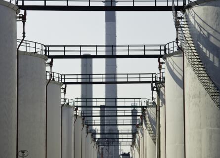 Huge oil tanks with ladders on the side, The Netherlands