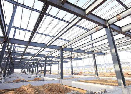 Steel frame structure in a construction site