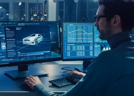 Man looking at computer screen displaying a modern car