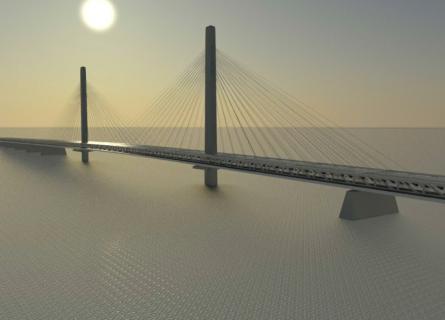 Schrägseilbrücke Visualisierung BIM bei Sonnenuntergang