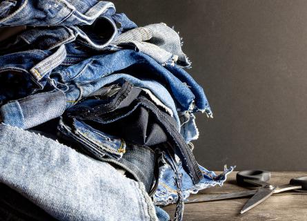 Torn jeans for textile and fashion industry, circular economy