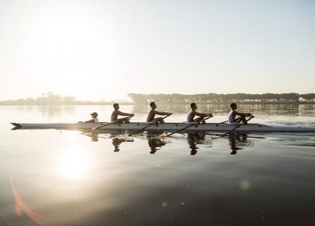 Team rowing together on water