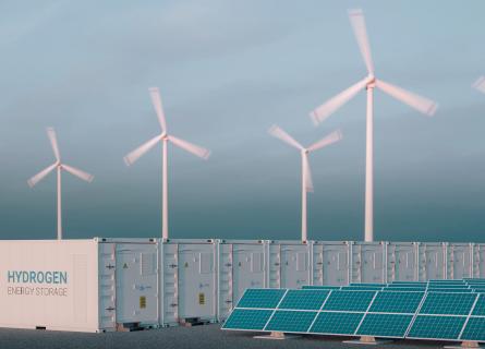 Wind turbines next to hydrogen containers