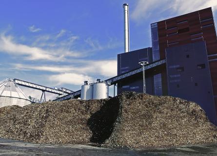 Wood chip pile in front of power plant