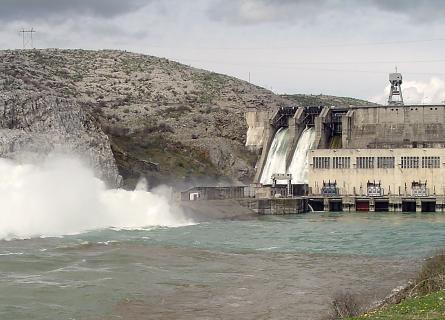 Downstream view of Vau i Dejes hydropower dam