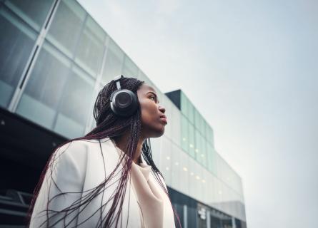 Woman with headphone making future