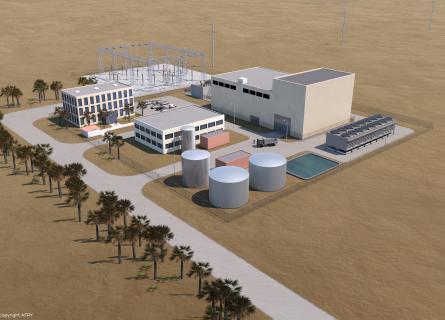 Aerial view of visualized SMR power plant in desert landscape
