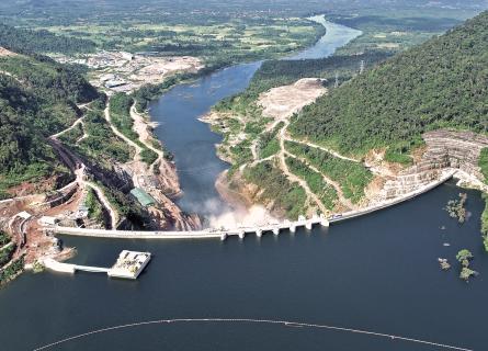 Upstream side aerial view of the Nam Theun 1 dam and the downstream valley