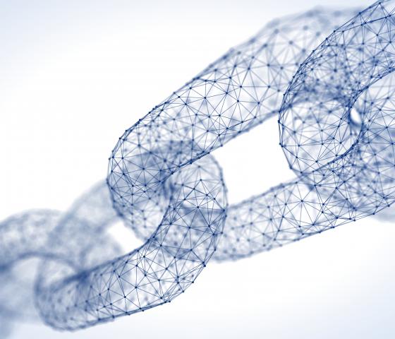 Illustration of chain links, each made of hundreds of digital connections