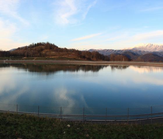 View of the water-filled reservoir Avce 