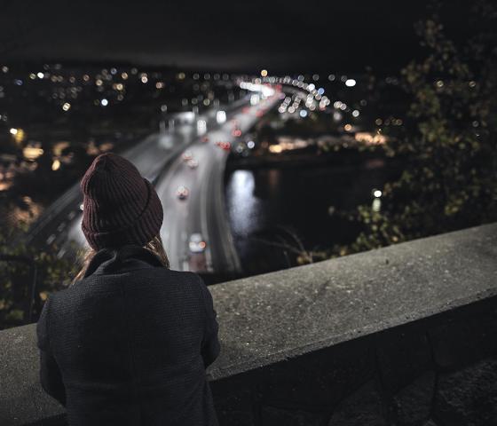 Person standing at a bridge at night