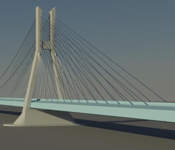 Fotorealistische Visualisierung der filigranen Hänge/Schrägseilbrücke westlich des Bestandsbauwerks