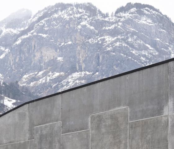A concrete wall. Behind you see forest and mountains