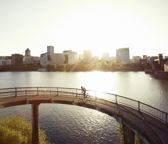 a cyclist rides over a bridge in evening light