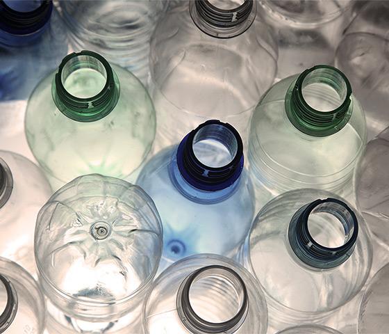 Collection of recycled plastic bottles that serve as reusable material