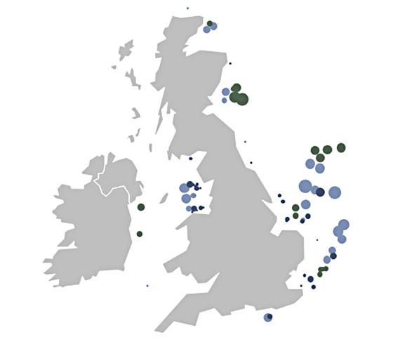 Map of UK with marked offshore wind farm locations