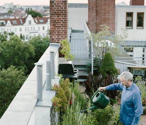 man on rooftop watering plats