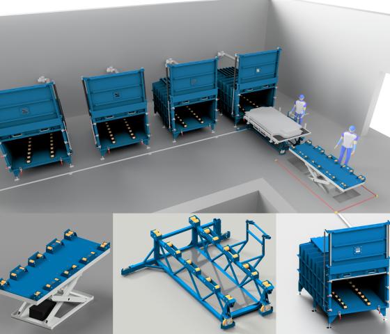 Lifting table transport wagon and de-charging chambers