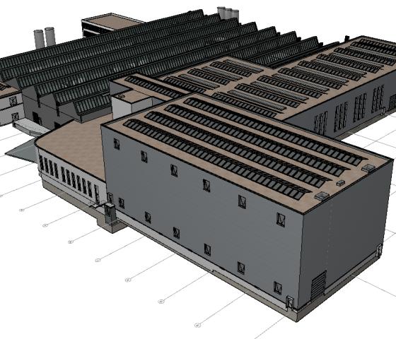 A BIM 3D model of an industrial building