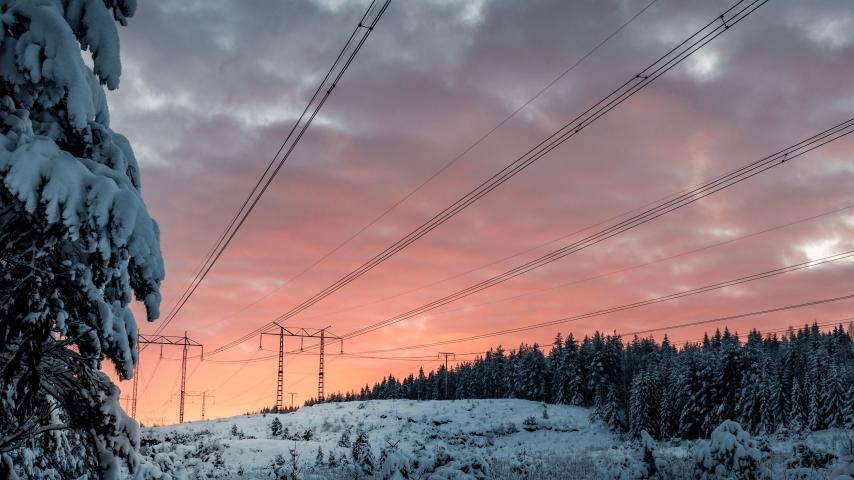 Power lines in sunset in Nordics